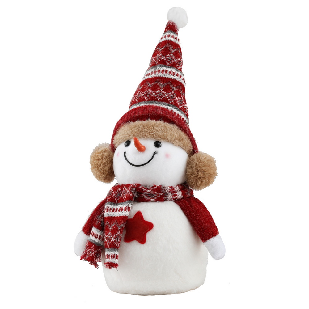 Festive snowman plush toy with red hat and scarf.