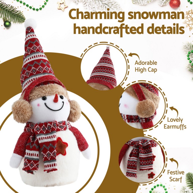 jingle jollys christmas snowman handicraft ornaments party decorations 35cm Handcrafted snowman with scarf, hat, and earmuffs.