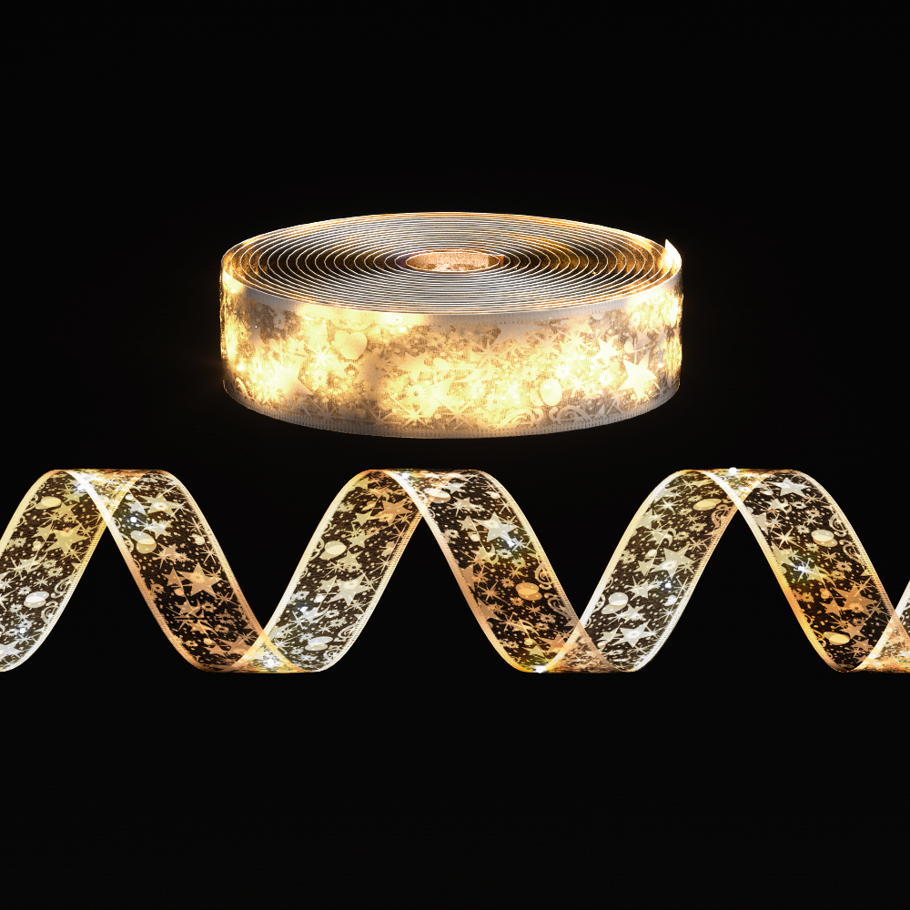 xmas st200 20m wm 191729 00.jpg Glowing star-patterned decorative ribbon on black background.