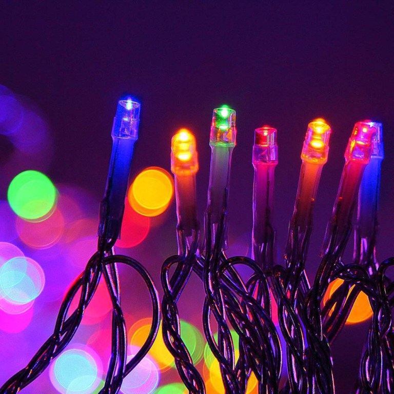 Colorful LED fairy lights in the dark.