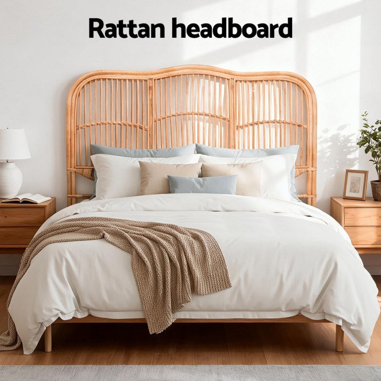 artiss bed headboard double bedhead rattan nero pine