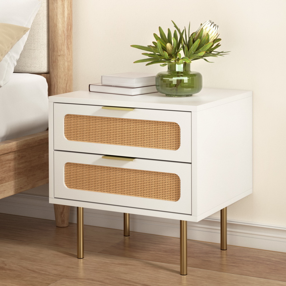 artiss rattan bedside table 2 drawers pine
