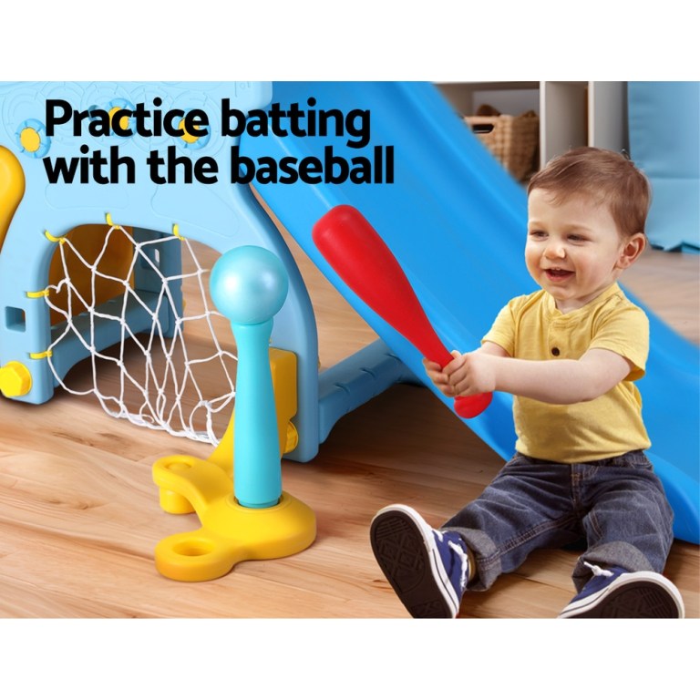 keezi kids slide set baseball bat basketball hoop outdoor playground 120cm blue