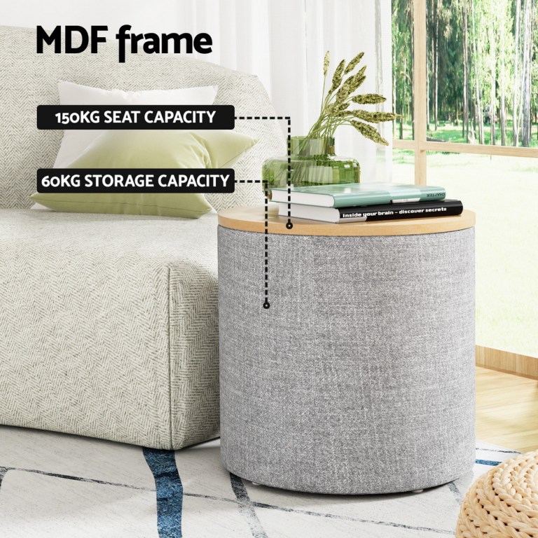 artiss storage ottoman blanket box 40cm linen round grey