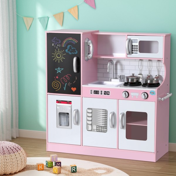 keezi kids wooden pretend kitchen play set cooking toys pot ice cup oven blackboard 80cm pink