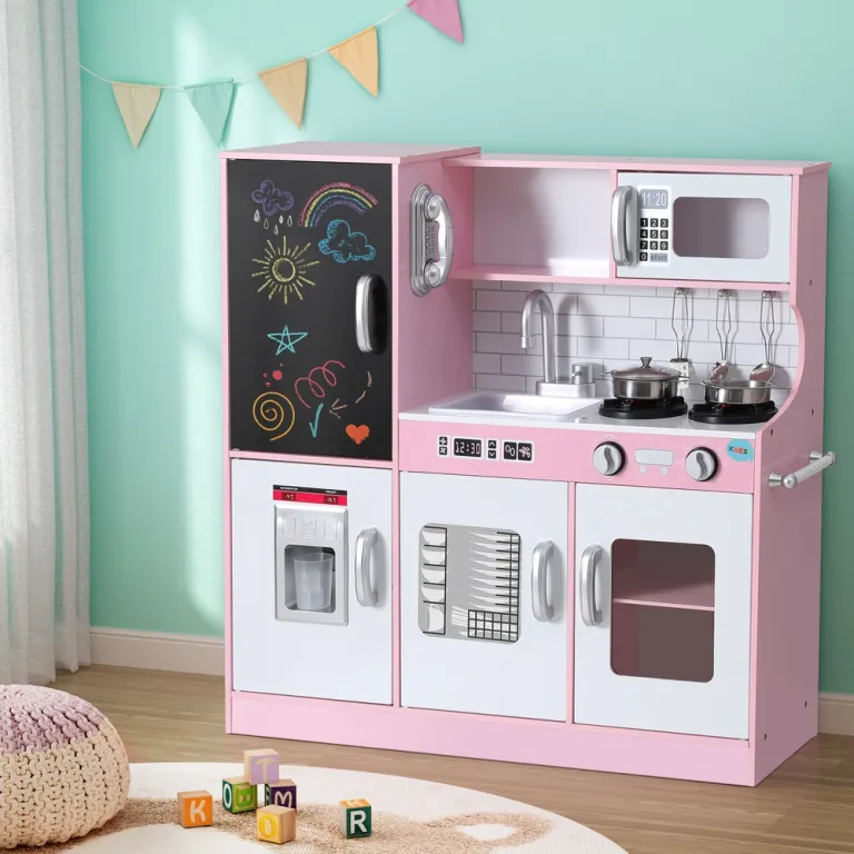 keezi kids wooden pretend kitchen play set cooking toys pot ice cup oven blackboard 80cm pink keezi kids wooden pretend kitchen play set cooking toys pot ice cup oven blackboard 80cm pink