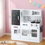 keezi kids wooden pretend kitchen play set cooking toys pot ice cup oven blackboard 80cm white