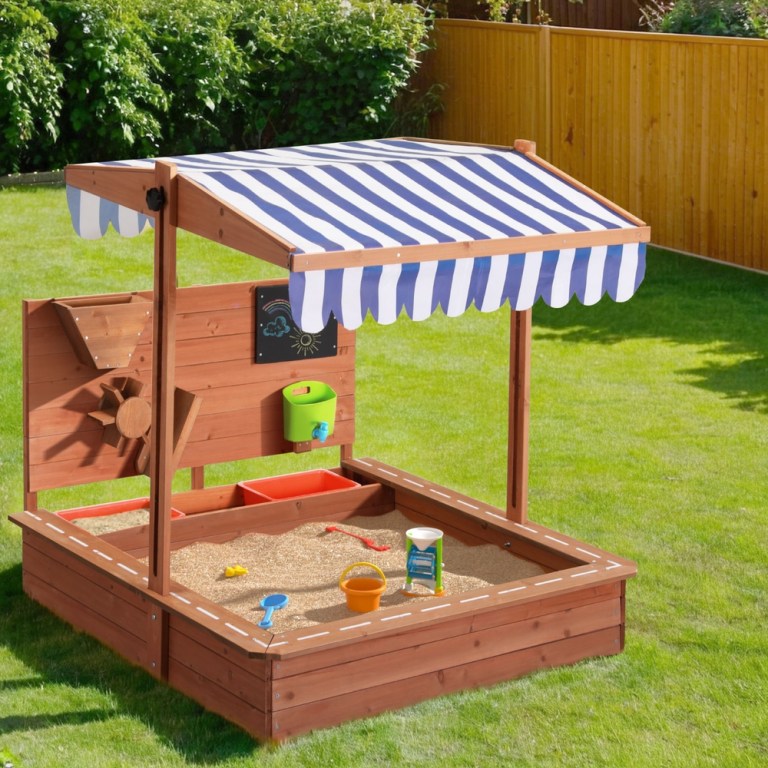 keezi kids sandpit wooden canopy sandbox with cover funnel outdoor toys 110cm