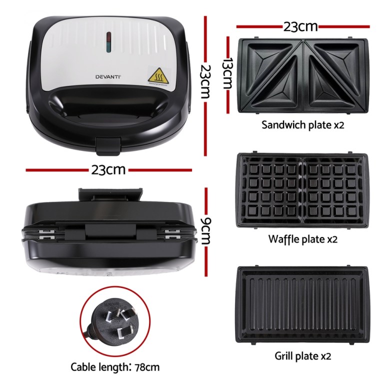 devanti 3 in 1 sandwich press waffle maker panini press grill 850w devanti 3 in 1 sandwich press waffle maker panini press grill 850w