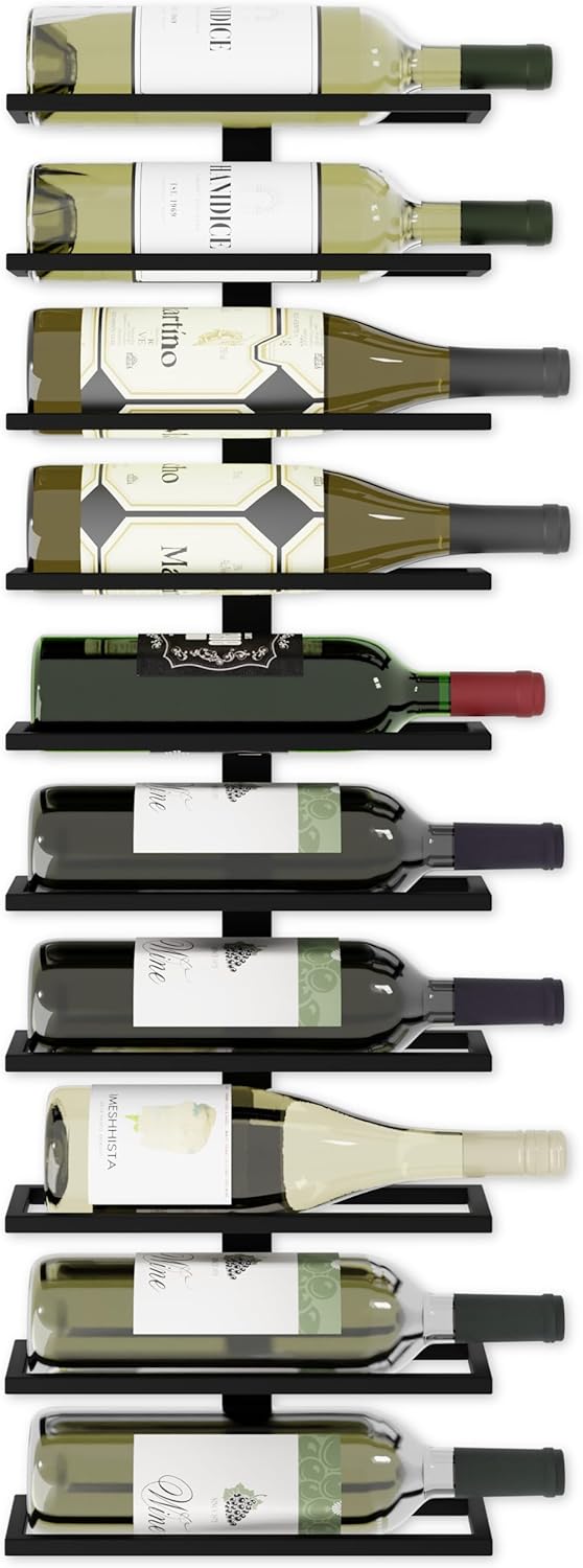 metal wall mount wine rack for wine bottles, liquor, champagne (holds 10 bottles)