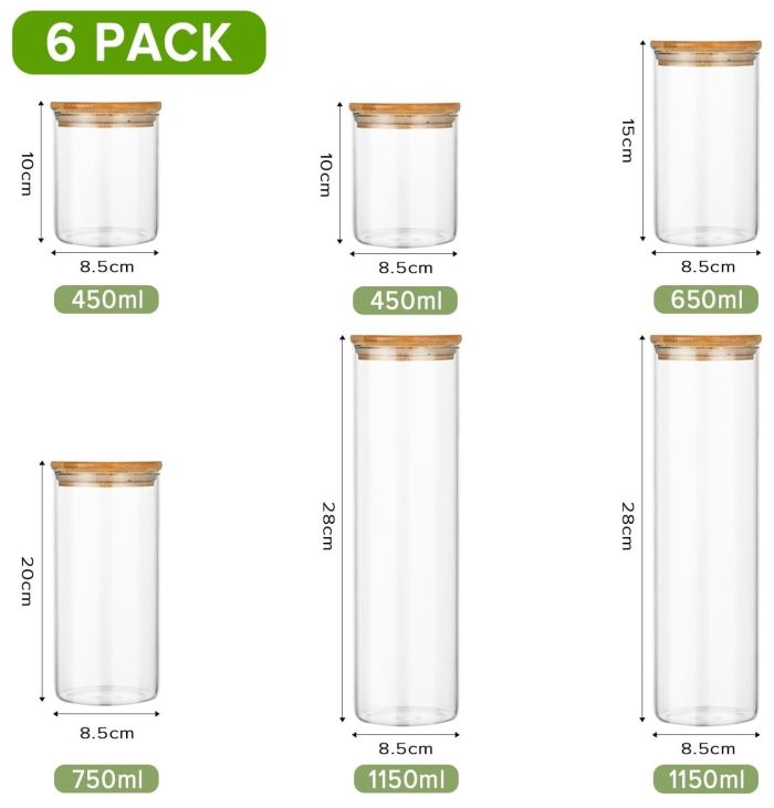 carla home 6 pack glass storage jars with bamboo lids for kitchen pantry, pasta, snacks, cookies, candy & more
