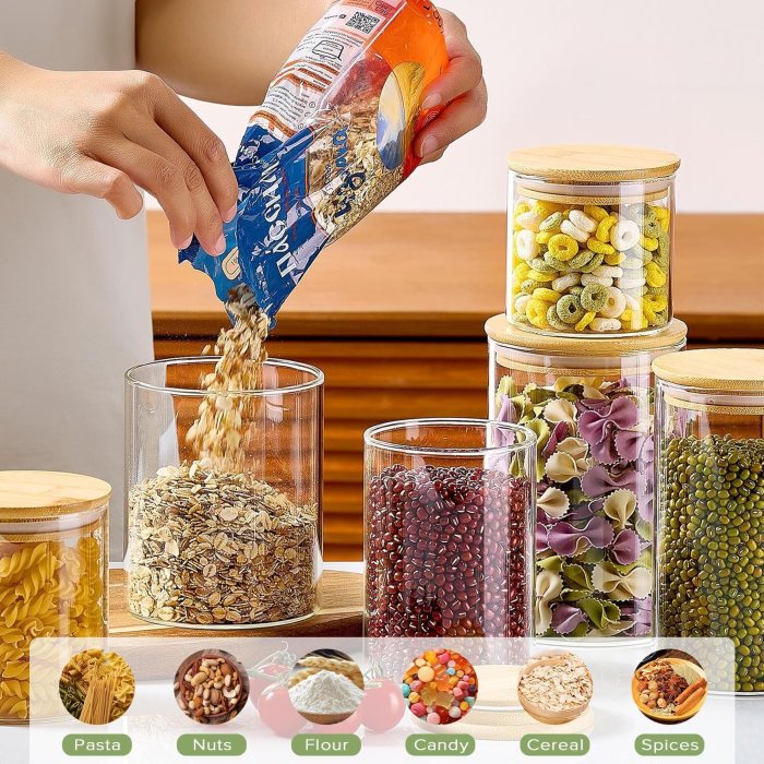 carla home 6 pack glass storage jars with bamboo lids for kitchen pantry, pasta, snacks, cookies, candy & more