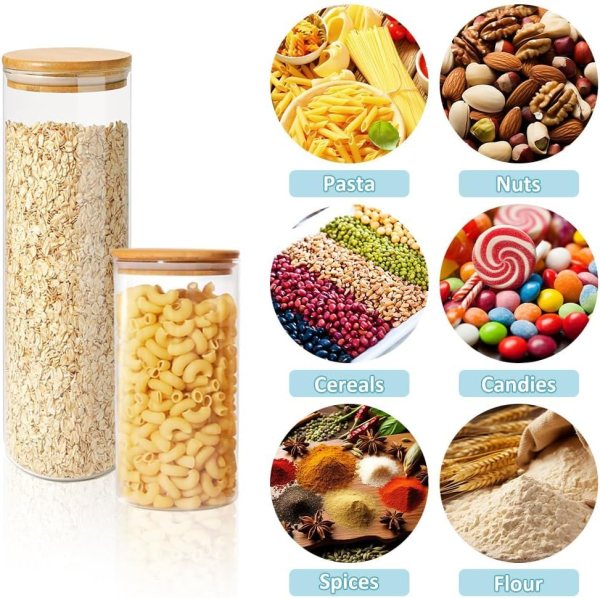 carla home 6 pack glass storage jars with bamboo lids for kitchen pantry, pasta, snacks, cookies, candy & more