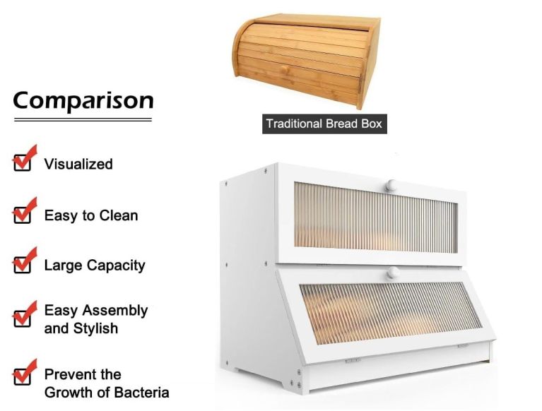 carla home double layer bamboo bread box for kitchen counter large capacity bread storage container with clear window, easy assembly, farmhouse style bread holder (white) carla home double layer bamboo bread box for kitchen counter large capacity bread storage container with clear window, easy assembly, farmhouse style bread holder (white)