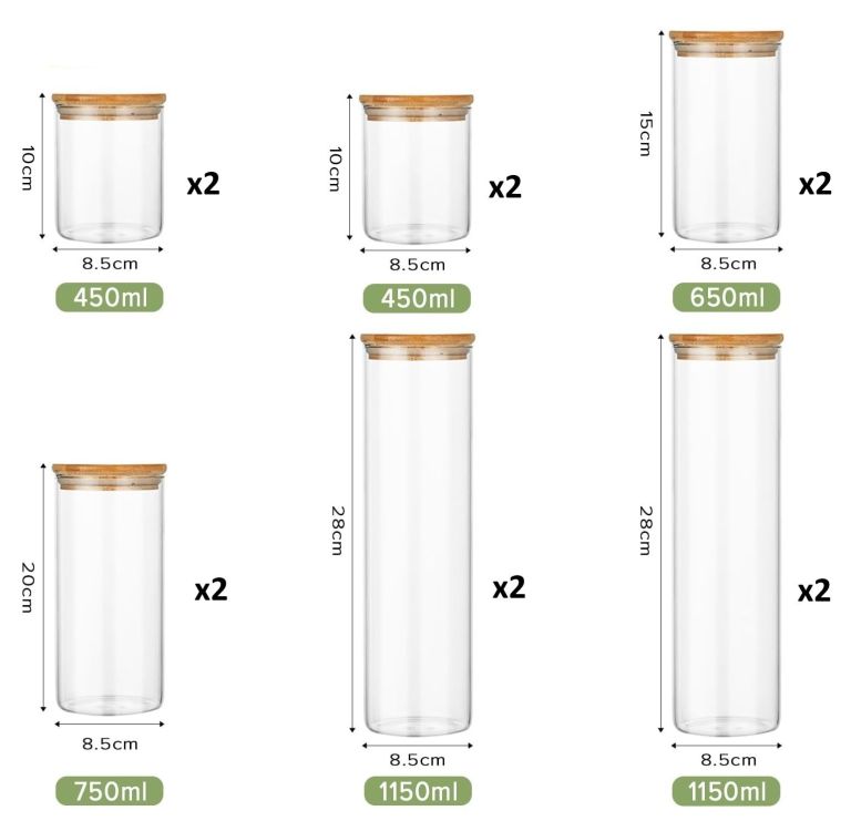 carla home 12 pack glass storage jars with bamboo lids for kitchen pantry, pasta, snacks, cookies, candy & more