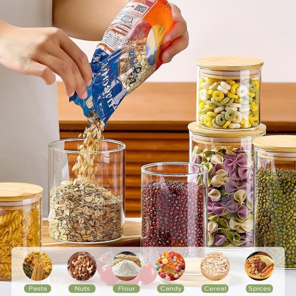 carla home 12 pack glass storage jars with bamboo lids for kitchen pantry, pasta, snacks, cookies, candy & more