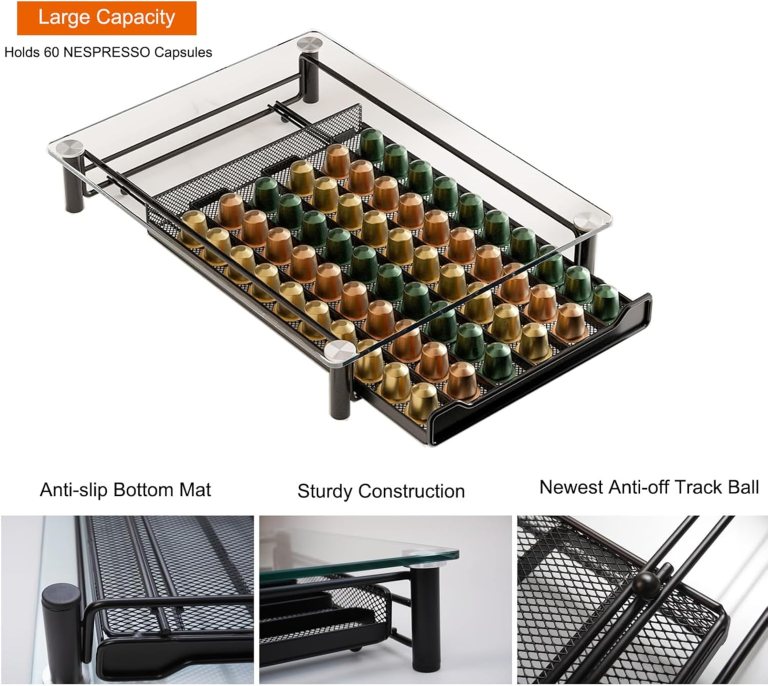 carla home 60 coffee pod holder drawer with tempered glass capsule organizer for nespresso pods and sliding drawer for kitchen countertop