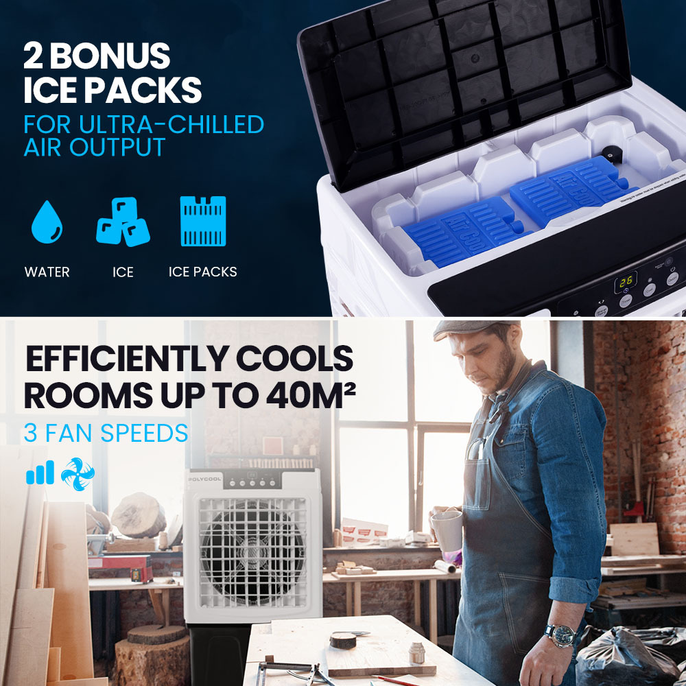 polycool 30l evaporative air cooler portable industrial fan, purifier, humidifier, remote control