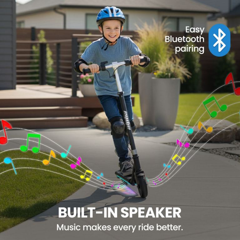 alpha edge electric scooter, kids & teens, adjustable handlebars, 3 speed modes, dual foot e brake, bluetooth music, led, black alpha edge electric scooter, kids & teens, adjustable handlebars, 3 speed modes, dual foot e brake, bluetooth music, led, black