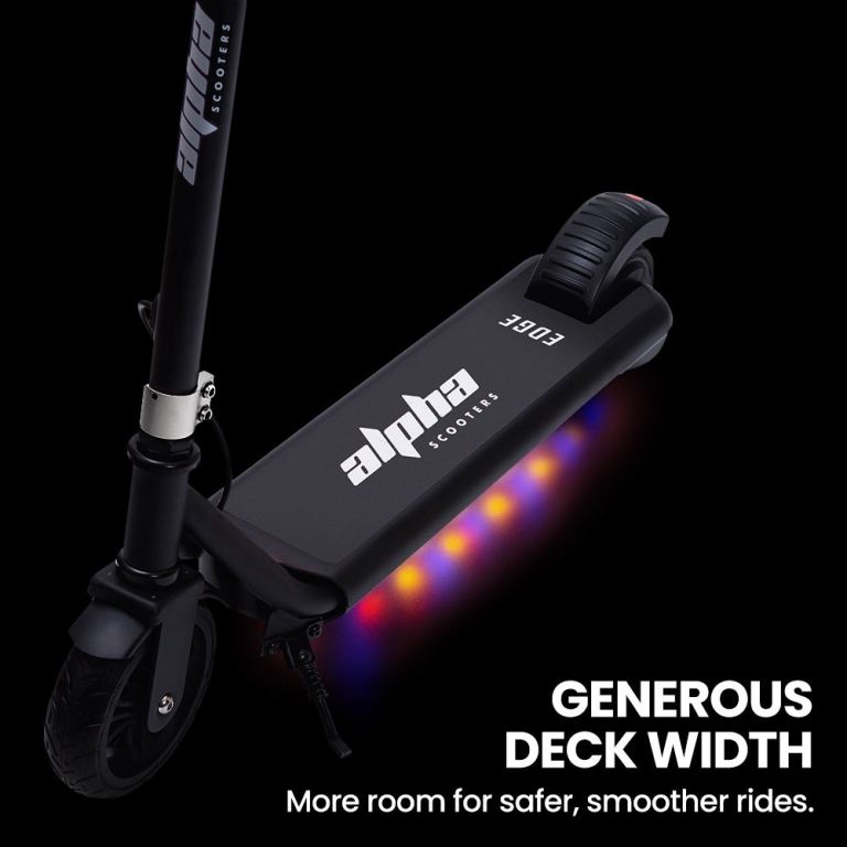 alpha edge electric scooter, kids & teens, adjustable handlebars, 3 speed modes, dual foot e brake, bluetooth music, led, black alpha edge electric scooter, kids & teens, adjustable handlebars, 3 speed modes, dual foot e brake, bluetooth music, led, black