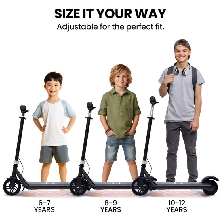 alpha edge electric scooter, kids & teens, adjustable handlebars, 3 speed modes, dual foot e brake, bluetooth music, led, black alpha edge electric scooter, kids & teens, adjustable handlebars, 3 speed modes, dual foot e brake, bluetooth music, led, black