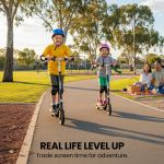 alpha edge electric scooter, kids & teens, adjustable handlebars, 3 speed modes, dual foot e brake, bluetooth music, led, black alpha edge electric scooter, kids & teens, adjustable handlebars, 3 speed modes, dual foot e brake, bluetooth music, led, black