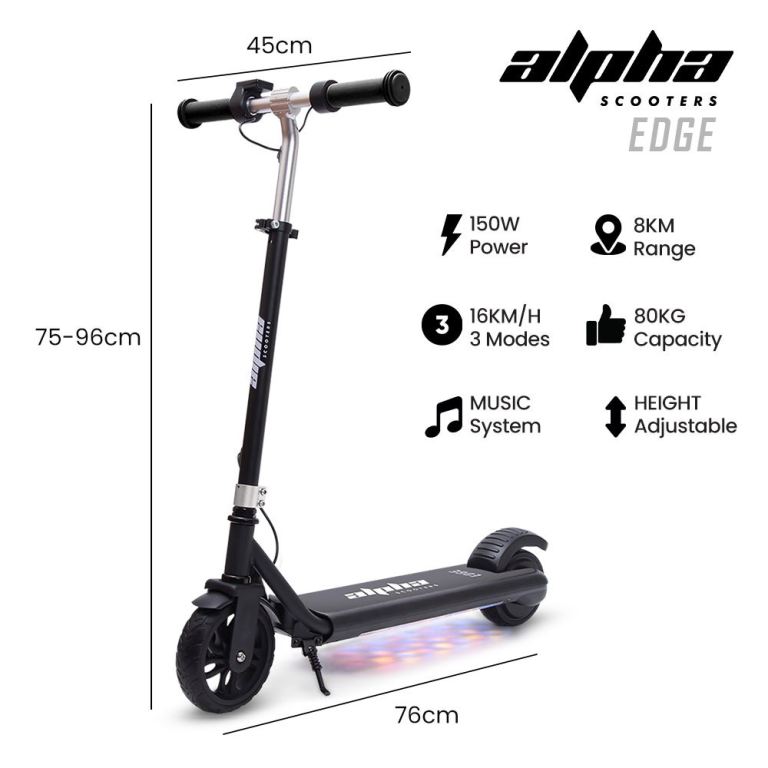 alpha edge electric scooter, kids & teens, adjustable handlebars, 3 speed modes, dual foot e brake, bluetooth music, led, black alpha edge electric scooter, kids & teens, adjustable handlebars, 3 speed modes, dual foot e brake, bluetooth music, led, black