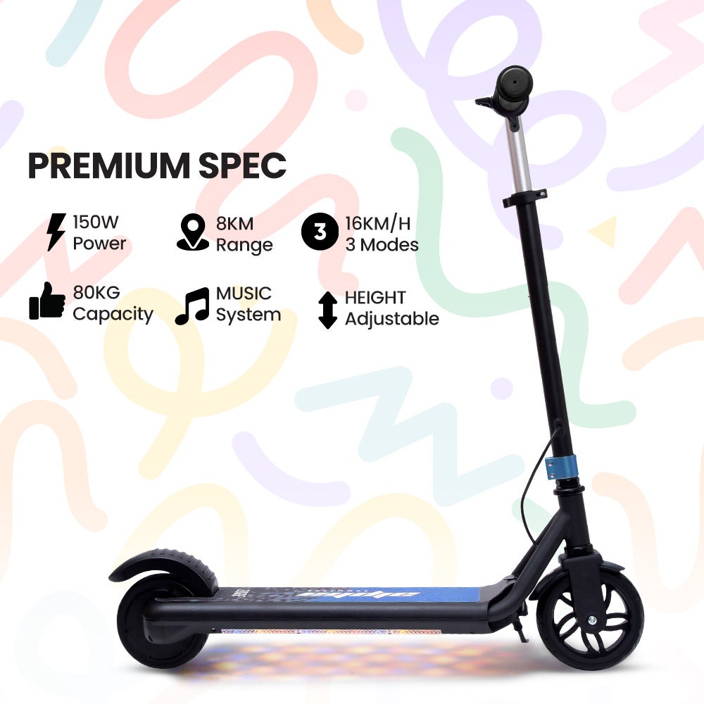 alpha edge electric scooter, kids & teens, adjustable handlebars, 3 speed modes, dual foot e brake, bluetooth music, led, blue