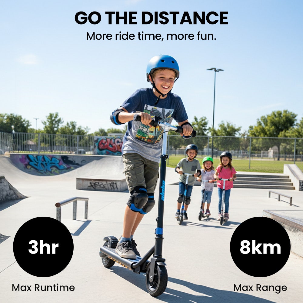 alpha edge electric scooter, kids & teens, adjustable handlebars, 3 speed modes, dual foot e brake, bluetooth music, led, blue