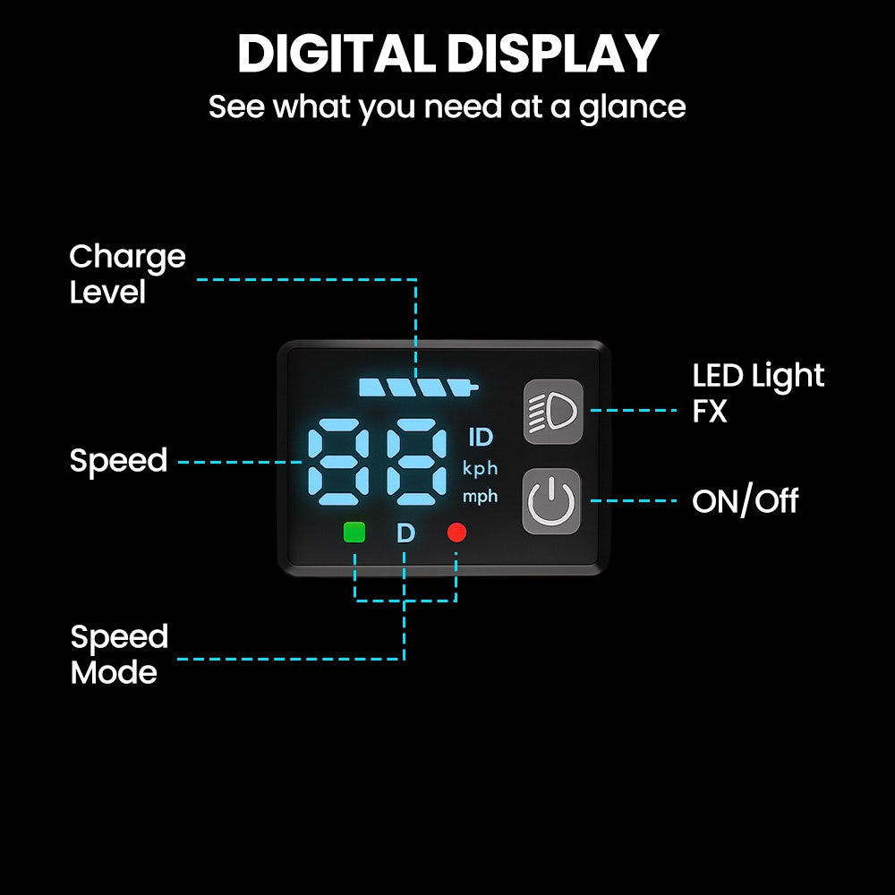 alpha edge electric scooter, kids & teens, adjustable handlebars, 3 speed modes, dual foot e brake, bluetooth music, led, blue
