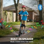 alpha edge electric scooter, kids & teens, adjustable handlebars, 3 speed modes, dual foot e brake, bluetooth music, led, blue