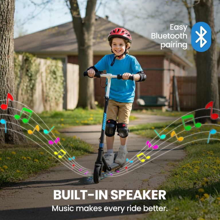 alpha edge electric scooter, kids & teens, adjustable handlebars, 3 speed modes, dual foot e brake, bluetooth music, led, blue