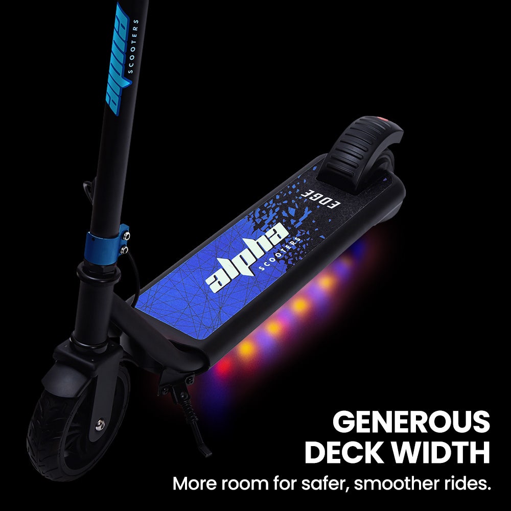 alpha edge electric scooter, kids & teens, adjustable handlebars, 3 speed modes, dual foot e brake, bluetooth music, led, blue