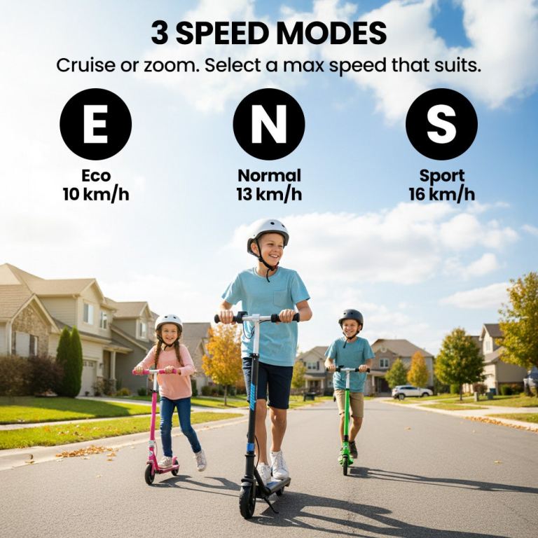 alpha edge electric scooter, kids & teens, adjustable handlebars, 3 speed modes, dual foot e brake, bluetooth music, led, blue
