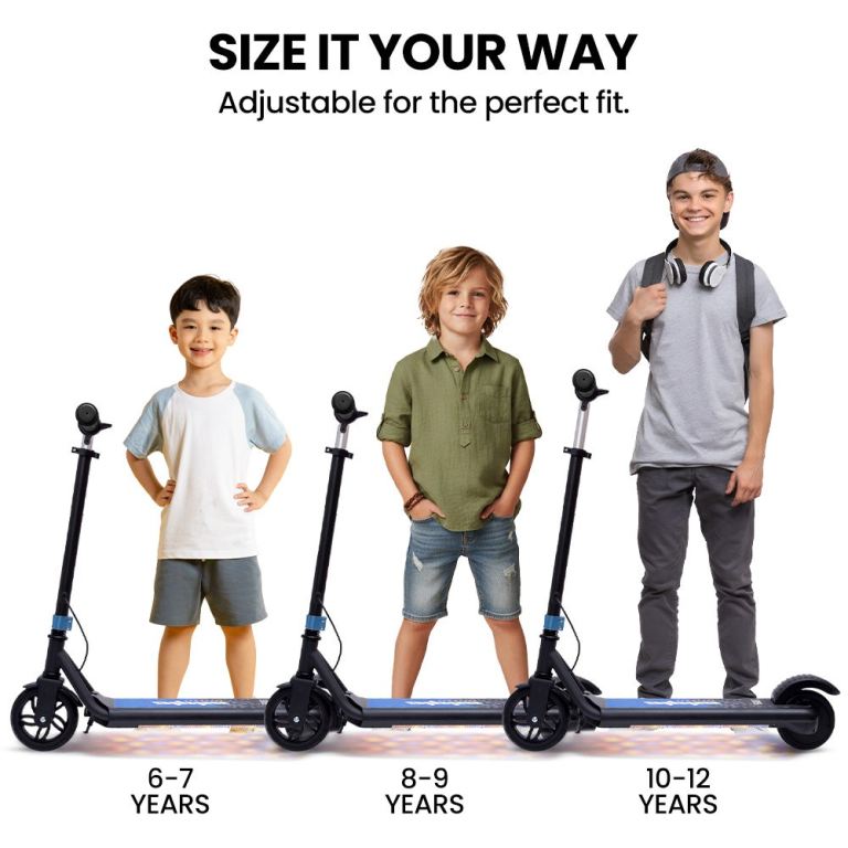 alpha edge electric scooter, kids & teens, adjustable handlebars, 3 speed modes, dual foot e brake, bluetooth music, led, blue