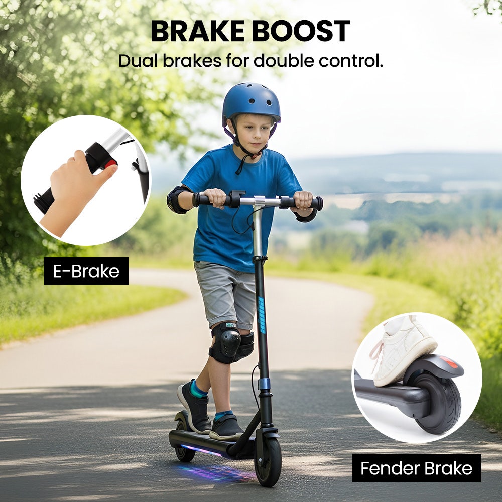 alpha edge electric scooter, kids & teens, adjustable handlebars, 3 speed modes, dual foot e brake, bluetooth music, led, blue