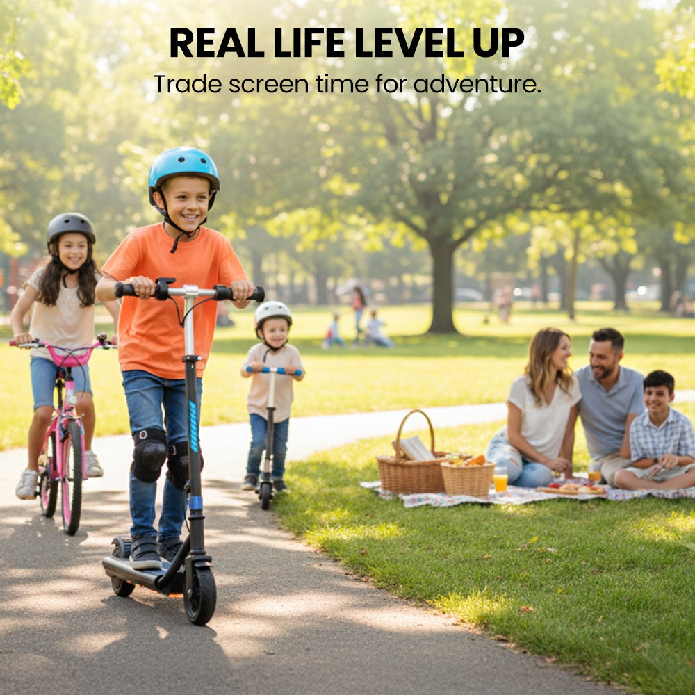 alpha edge electric scooter, kids & teens, adjustable handlebars, 3 speed modes, dual foot e brake, bluetooth music, led, blue