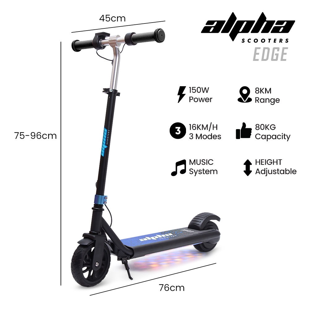 alpha edge electric scooter, kids & teens, adjustable handlebars, 3 speed modes, dual foot e brake, bluetooth music, led, blue