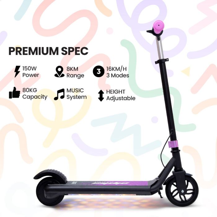alpha edge electric scooter, kids aged 6 12, adjustable height, 3 speed modes, bluetooth, led, pink alpha edge electric scooter, kids aged 6 12, adjustable height, 3 speed modes, bluetooth, led, pink