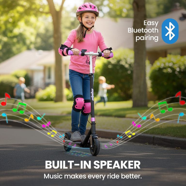 alpha edge electric scooter, kids aged 6 12, adjustable height, 3 speed modes, bluetooth, led, pink alpha edge electric scooter, kids aged 6 12, adjustable height, 3 speed modes, bluetooth, led, pink