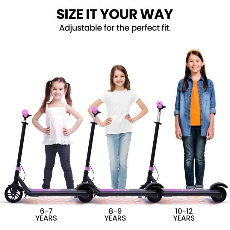 alpha edge electric scooter, kids aged 6 12, adjustable height, 3 speed modes, bluetooth, led, pink alpha edge electric scooter, kids aged 6 12, adjustable height, 3 speed modes, bluetooth, led, pink