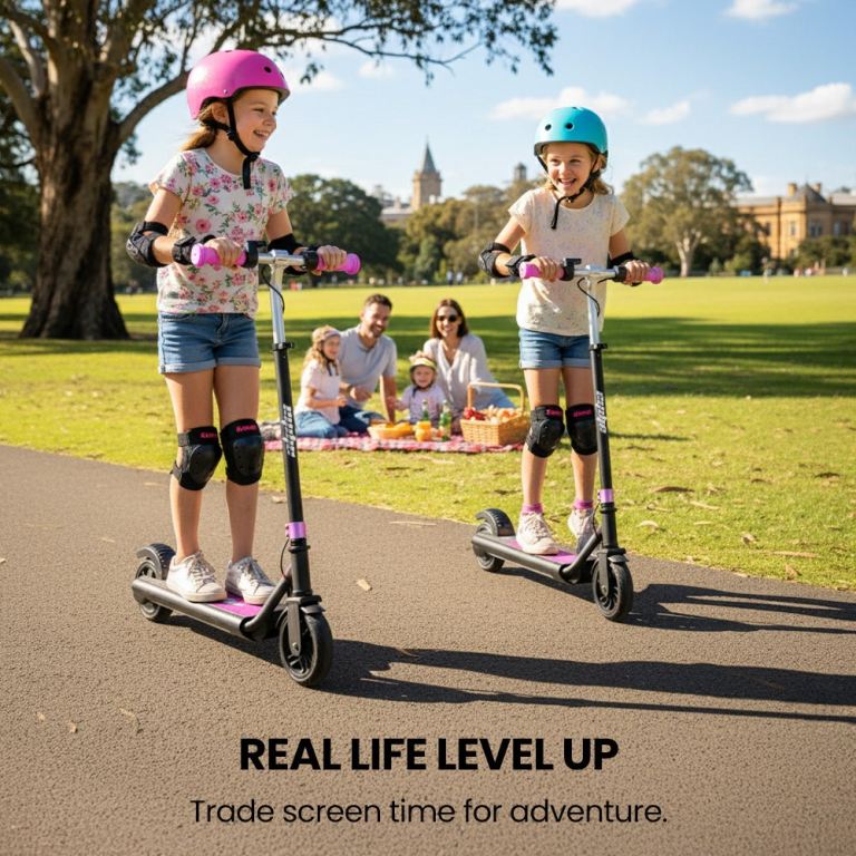alpha edge electric scooter, kids aged 6 12, adjustable height, 3 speed modes, bluetooth, led, pink alpha edge electric scooter, kids aged 6 12, adjustable height, 3 speed modes, bluetooth, led, pink