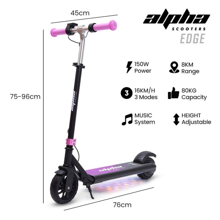 alpha edge electric scooter, kids aged 6 12, adjustable height, 3 speed modes, bluetooth, led, pink alpha edge electric scooter, kids aged 6 12, adjustable height, 3 speed modes, bluetooth, led, pink