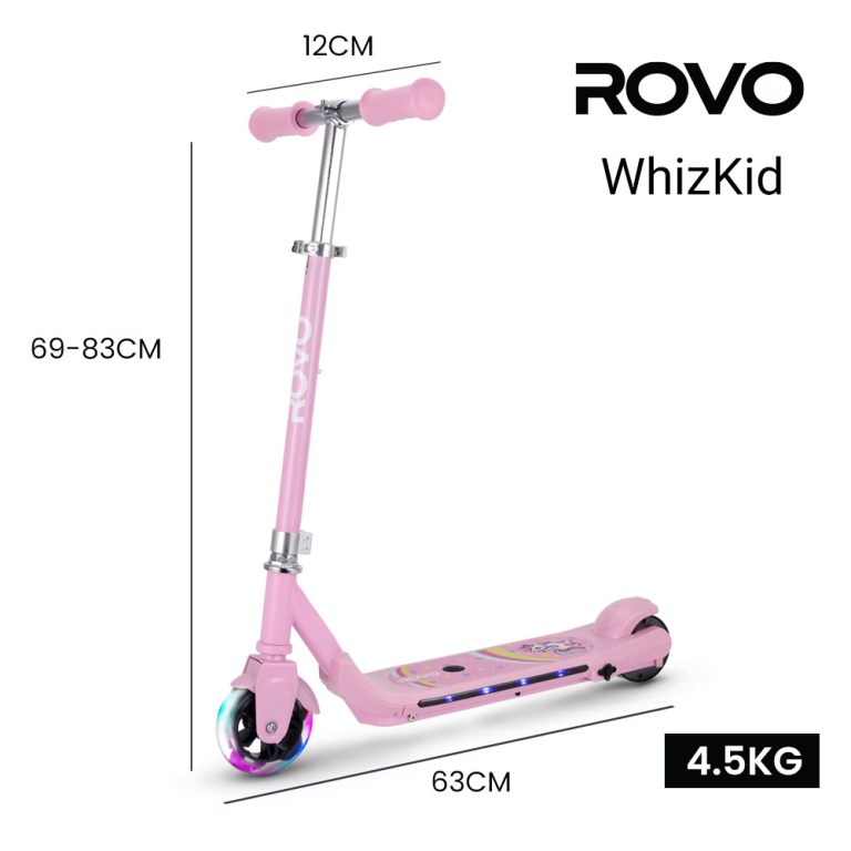 rovo kids whizkid electric scooter, ages 5 11, adjustable height, lithium battery, brushless motor, pink