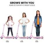 rovo kids whizkid electric scooter, ages 5 11, adjustable height, lithium battery, brushless motor, pink
