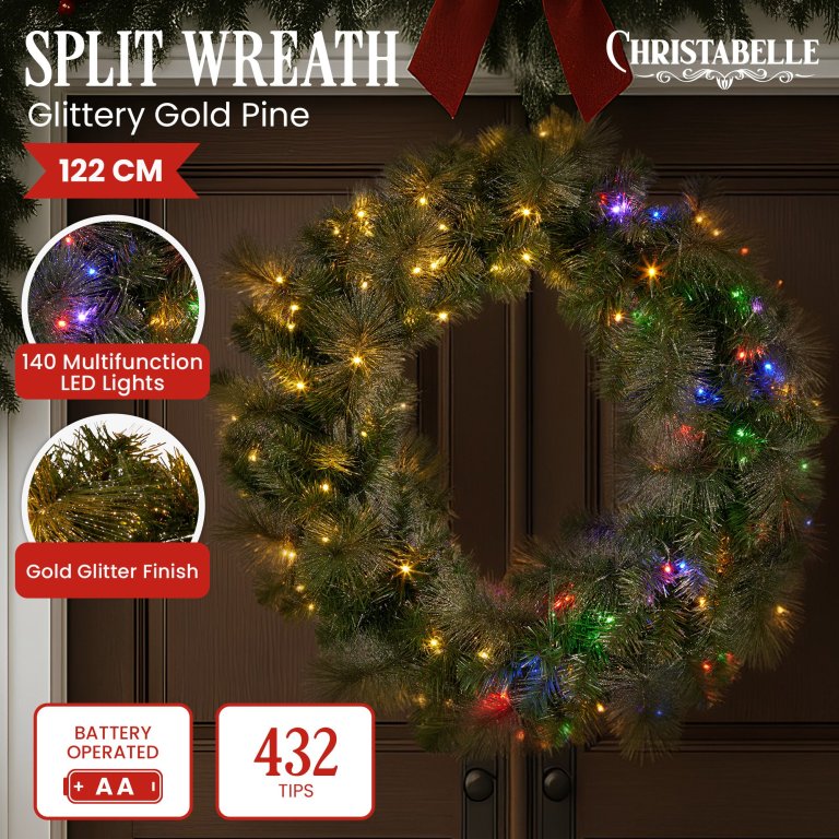 christabelle 122cm battery operated split christmas wreath glittery gold pine christabelle 122cm battery operated split christmas wreath glittery gold pine