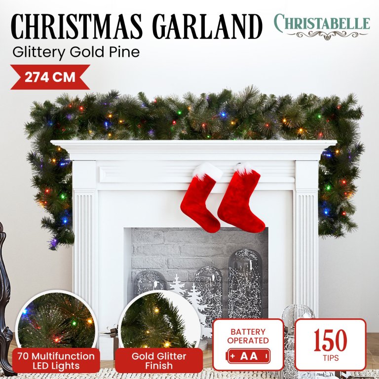 christabelle 274cm battery operated christmas garland glittery gold pine
