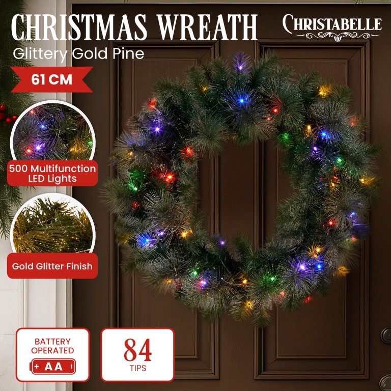 christabelle 61cm battery operated christmas wreath glittery gold pine