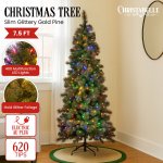 christabelle 7.5ft christmas tree slim glittery gold pine led lights xmas decor