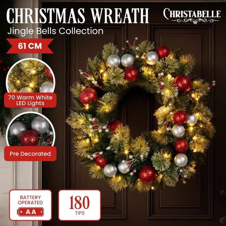 christabelle 61cm pre lit christmas wreath jingle bells battery operated baubles christabelle 61cm pre lit christmas wreath jingle bells battery operated baubles